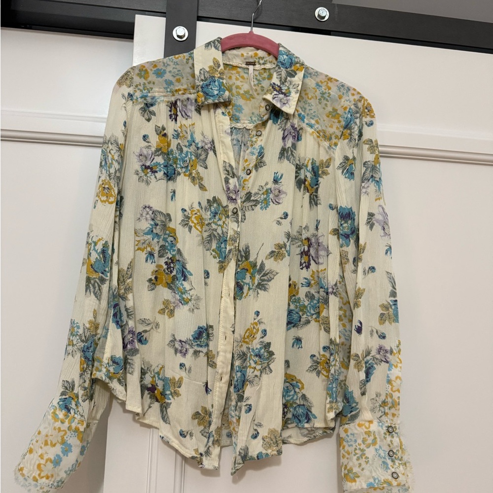 Free People Floral Blouse - Cream, Blue, Yellow